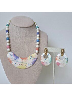 Vintage Acrylic or Wood Paint Splatter Necklace and Matching Earrings Set